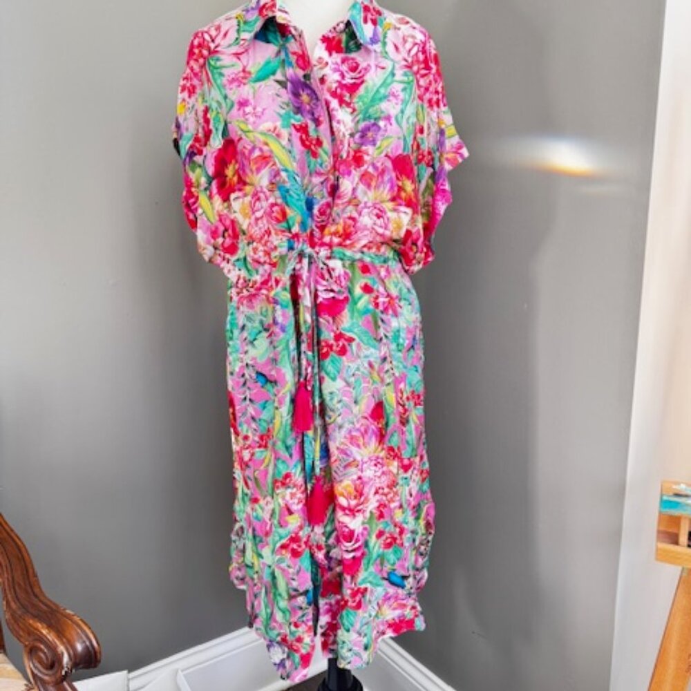 Cinch Waist Button Down Bright Floral Dress w/ Short Sleeves